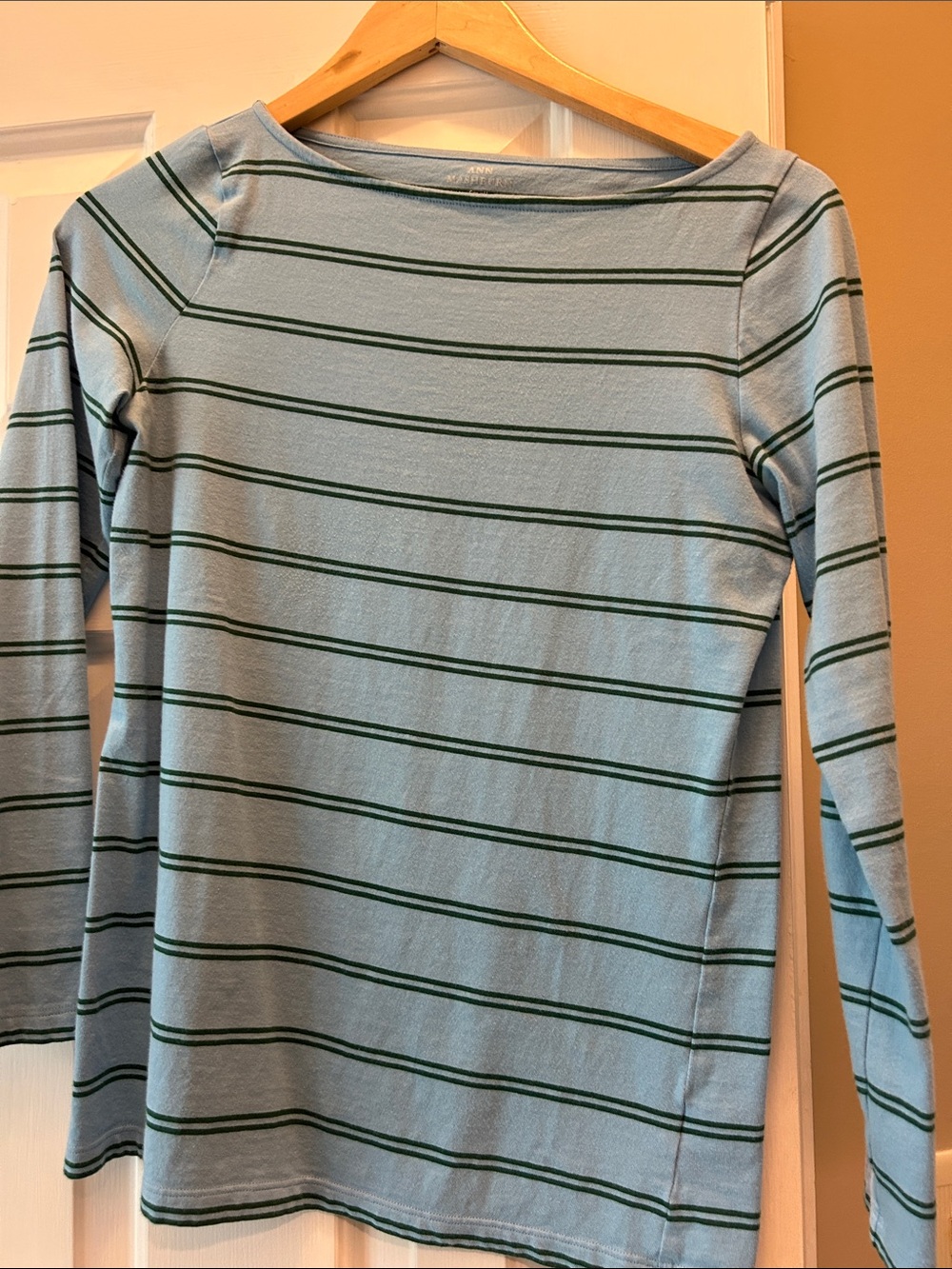 ANN MASHBURN Light Blue Long Sleeve Tee with Dark Green Stripes